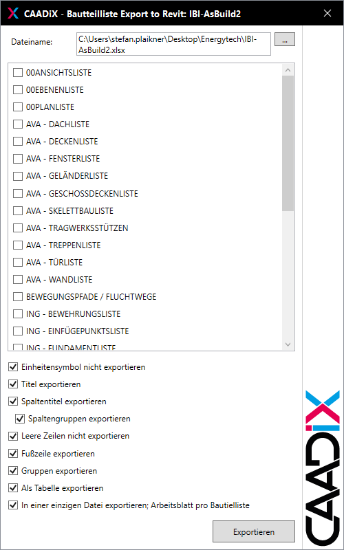 Dialog zum Export der Bauteillisten
