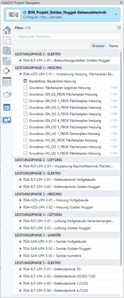 Project Navigator mit aufgeklapptem Plan und den Ansichten darauf