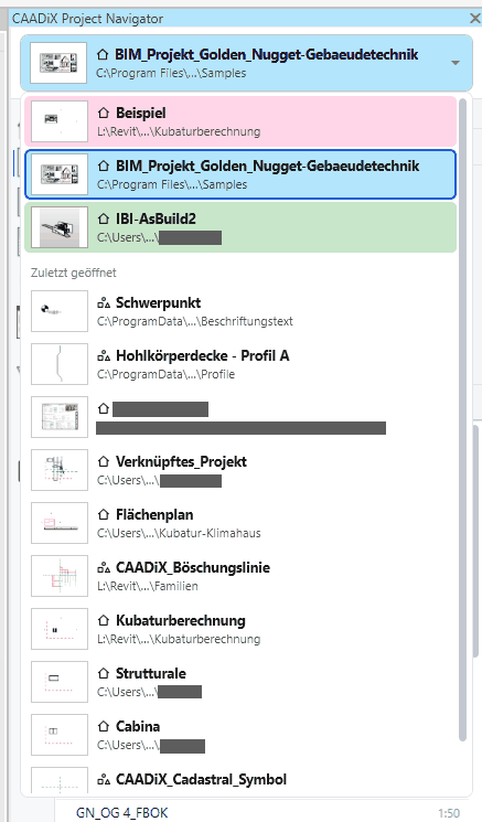 Aufgeklappte Projektauswahl mit offenen Projekten in ihrer Reiterfarbe und zuletzt geöffneten Dateien